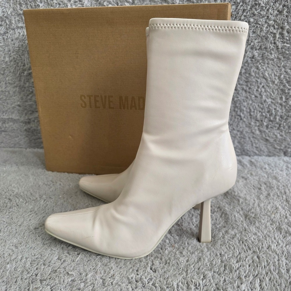 Steve Madden VAKAY Sock Ankle Boots Sculpted Heels Bone Ivory Mid Calf 8M NEW‎